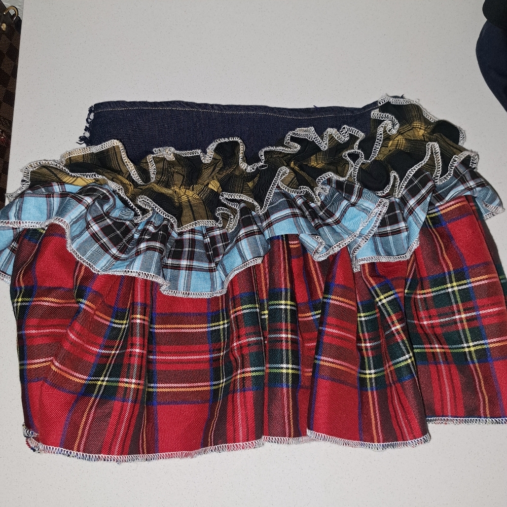 AKIRA CALL‎ ME BACK DENIM SKIRT WITH PLAID Detail Multi Color small - Picture 2 of 11